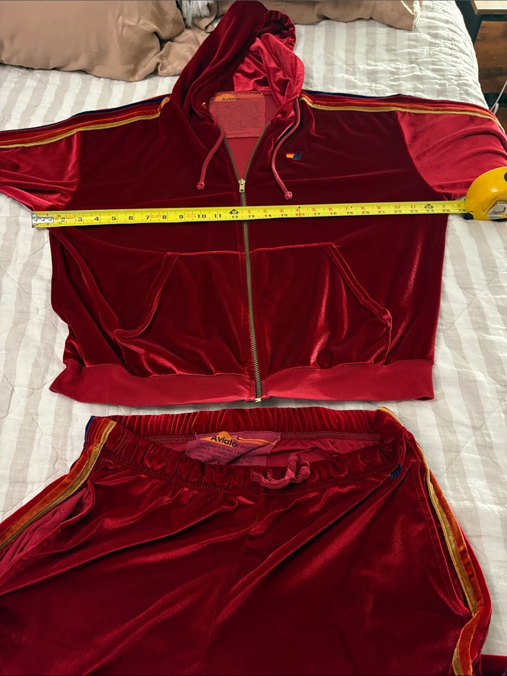 Aviator Nation Red Velour Track Jacket and Joggers with Rainbow Stripes